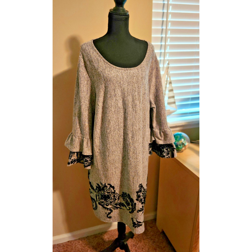 Whimsy Goth Gray Velvet‑Trim Sweater Dress 3x Romantic Ruffle Bell Sleeve